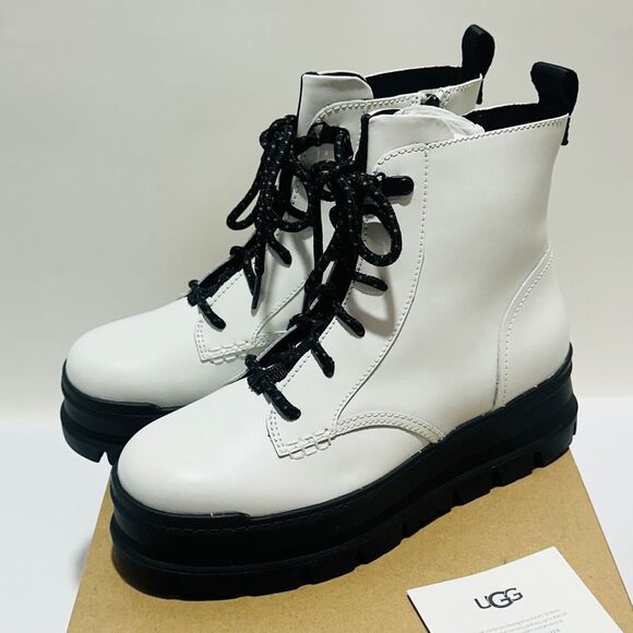 UGG Sidnee US 8 Combat Boots White Leather Waterproof Side Zip NIB $150 - Picture 5 of 14